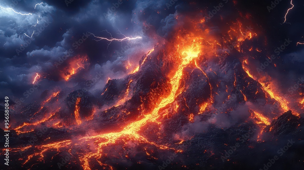 dramatic night scene of an erupting volcano with rivers of glowing lava contrasting against dark ash clouds lightning strikes illuminate the turbulent sky capturing natures raw power and beauty dramatic night scene of an erupting volcano with rivers of glowing lava contrasting against dark ash clouds lightning strikes illuminate the turbulent sky capturing natures raw power and beauty