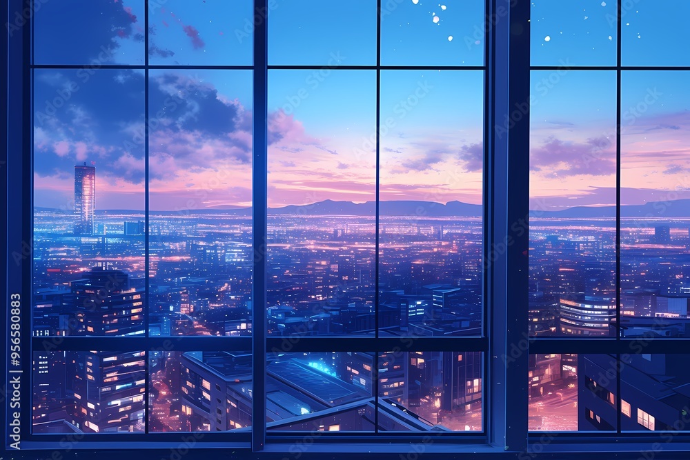 Fototapeta premium Stunning city skyline at dusk viewed through a large window.