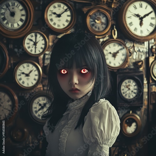 A young girl with red eyes stands in front of a wall of antique clocks. photo