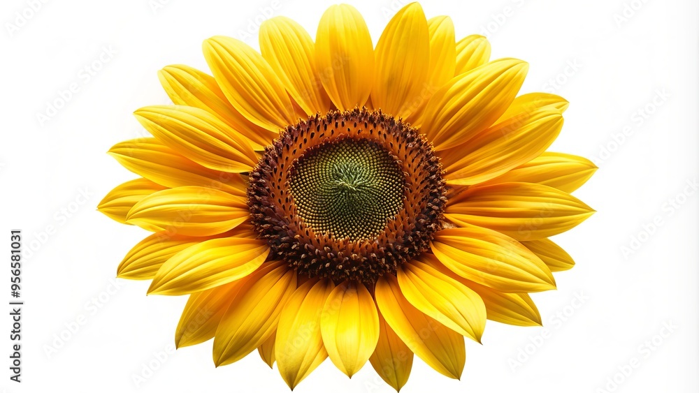 Vibrant yellow sunflower with dark center and delicate petals, isolated on white background, perfect symbol of warmth, happiness, and summer sunshine in a modern icon. Vibrant yellow sunflower with dark center and delicate petals, isolated on white background, perfect symbol of warmth, happiness, and summer sunshine in a modern icon.