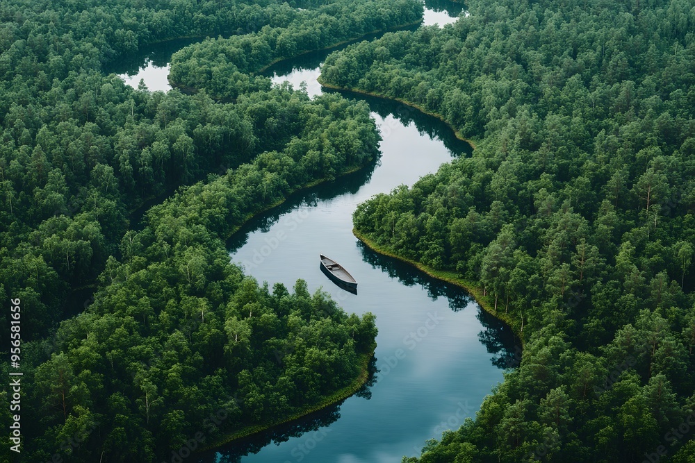 Aerial View of a Serene River Winding Through Lush Green Forest Aerial View of a Serene River Winding Through Lush Green Forest