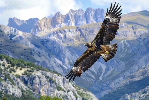 An image of a majestic golden eagle soaring high above the Pyrenees mountains