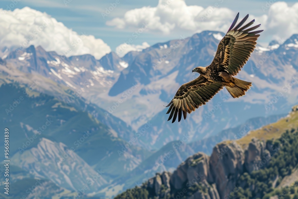 Fototapeta premium An image of a majestic golden eagle soaring high above the Pyrenees mountains