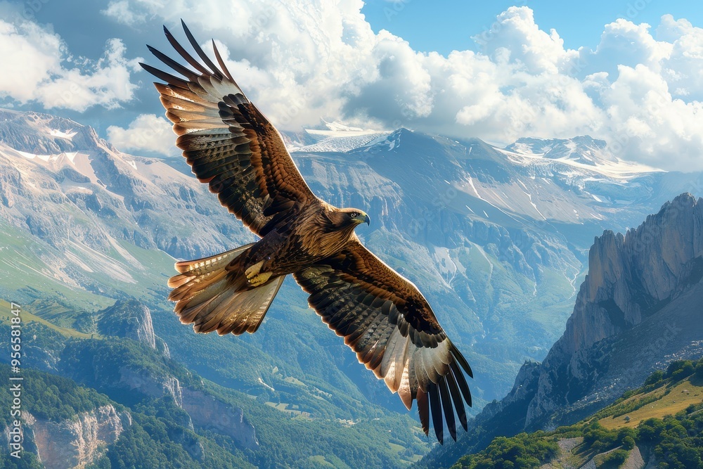 Obraz premium An image of a majestic golden eagle soaring high above the Pyrenees mountains