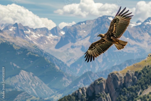 An image of a majestic golden eagle soaring high above the Pyrenees mountains