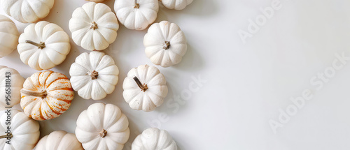 Decorative white pumpkins composition with golden decorations. Minimal white autumn background. Flat lay. Halloween celebration mockup, fall harvesting seasonal, Thanksgiving day. Generative ai