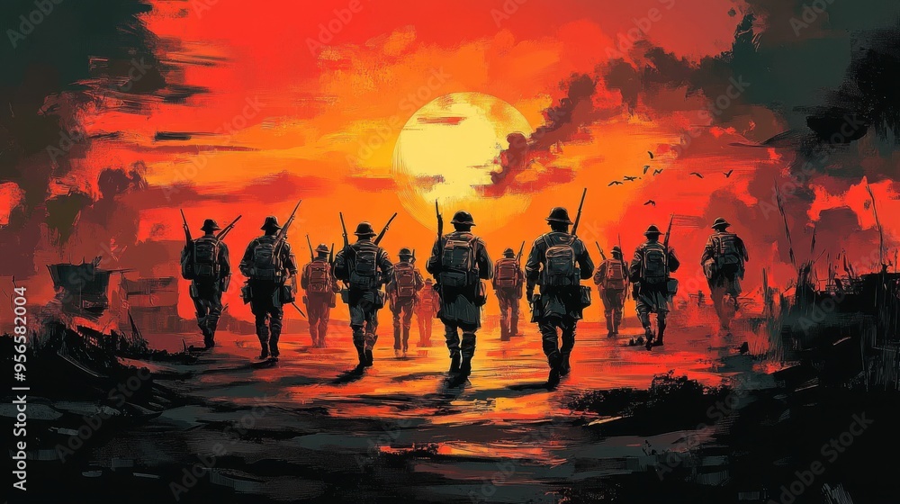 Soldiers marching towards camera with red sky, epic fantasy game concept in ink wash style Soldiers marching towards camera with red sky, epic fantasy game concept in ink wash style