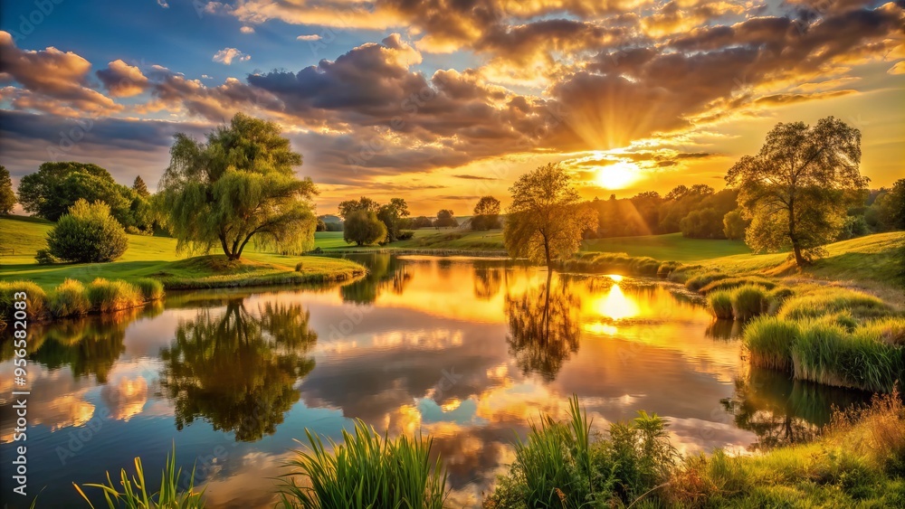 Fototapeta premium Warm golden light illuminates a serene landscape as the sun dips below the horizon, casting a tranquil atmosphere during the fleeting moments of summer dusk.