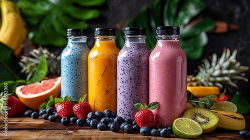 Colorful probiotic kefir smoothies in bottles, set on a rustic wooden table with fresh fruits and vibrant background. 