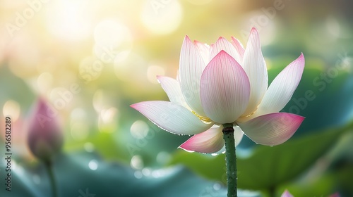 Wallpaper Mural A close-up of a pink lotus reveals delicate petals, surrounded by green leaves and soft sunlight. Torontodigital.ca