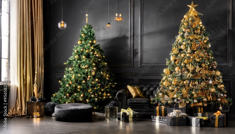 Fototapeta premium Glamorous Black and Gold Christmas Night Step into a luxurious and glamorous Christmas scene where black and gold decorations create a dramatic and festive atmosphere.