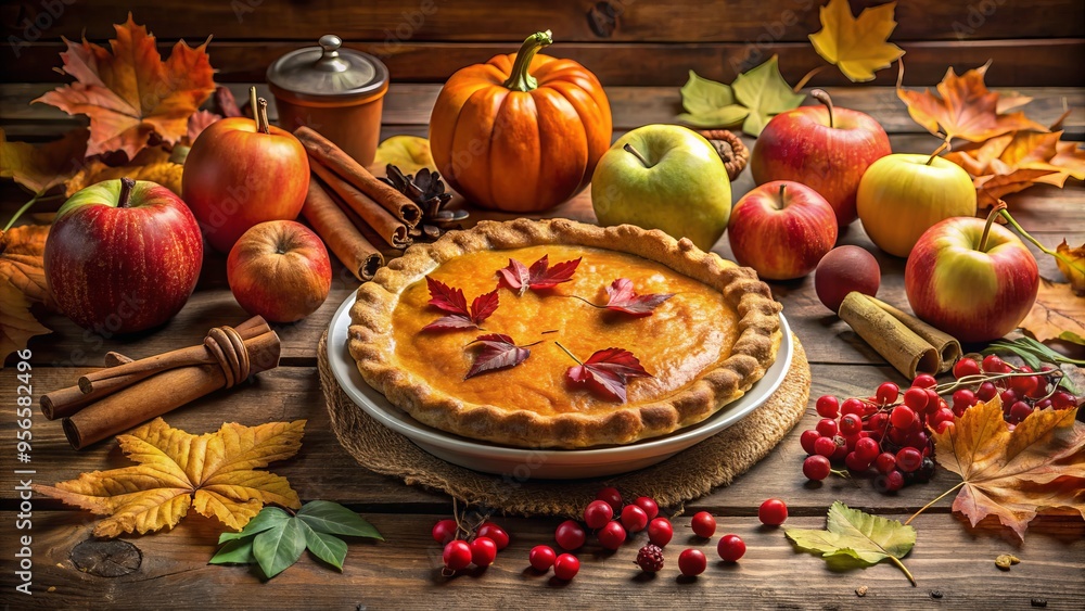 Warmly lit autumnal still life featuring a freshly baked pumpkin apple pie surrounded by seasonal fruits, leaves, and a vintage wooden table setting. Warmly lit autumnal still life featuring a freshly baked pumpkin apple pie surrounded by seasonal fruits, leaves, and a vintage wooden table setting.