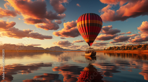 At sunset, an air balloon glides across the horizon, its soft ascent reflecting the beauty of twilight. The air balloon's journey through the evening sky captures a sense of wonder and calm.