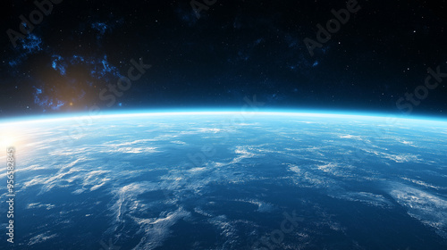 Fototapeta Naklejka Na Ścianę i Meble -  3D illustration of sci-fi product podium showcase in empty spaceship room with blue earth background. Blue and pink neon color tone