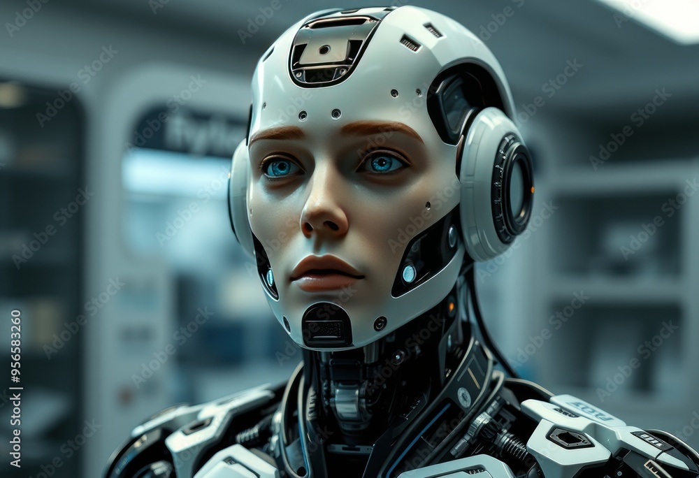 Cybernetic Gaze: A hyperrealistic portrait of a female android, her blue eyes reflecting complex emotions, hinting at the evolving relationship between humanity and artificial intelligence. Cybernetic Gaze: A hyperrealistic portrait of a female android, her blue eyes reflecting complex emotions, hinting at the evolving relationship between humanity and artificial intelligence.
