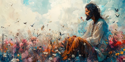 Jesus in an abstract peaceful landscape filled with symbols of diversity photo