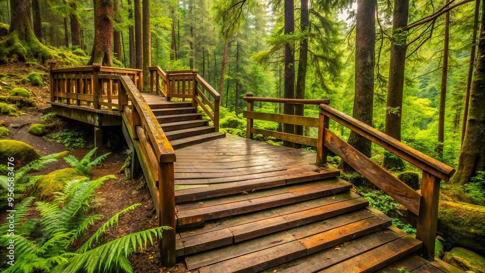 Weathered wooden platform surrounded by lush green forest, with rustic wooden railings and stairs, offering a serene escape amidst nature's tranquility. Weathered wooden platform surrounded by lush green forest, with rustic wooden railings and stairs, offering a serene escape amidst nature's tranquility.