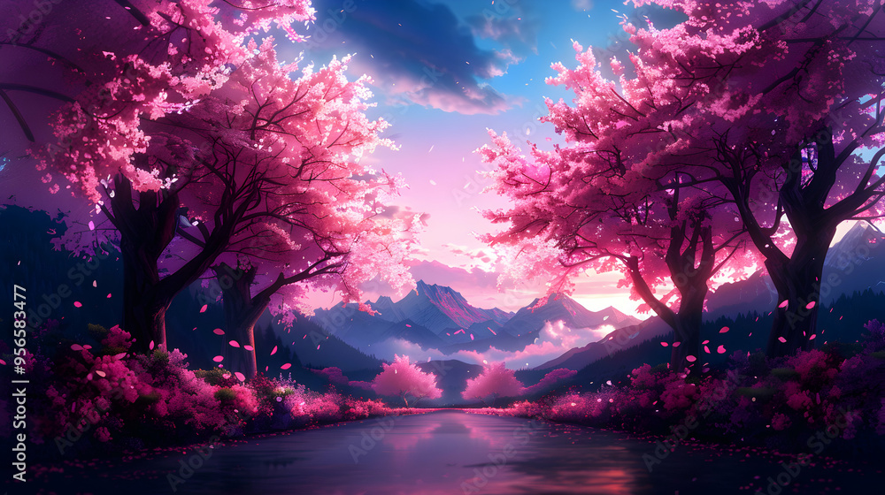 Naklejka premium Cherry Blossom Streets Landscape Anime Style