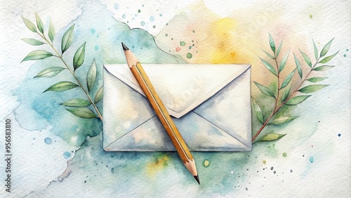 Whimsical hand-drawn illustration of a blank white envelope with a pencil-sketched letter emerging from it, surrounded by subtle textures and gentle watercolor tones. photo