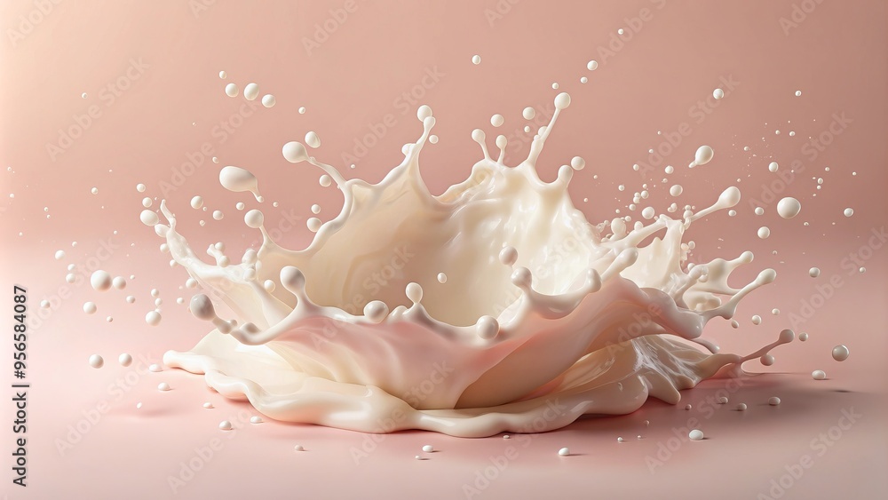 White creamy splatter exploding against a soft, pastel pink background, creating a playful and whimsical texture with smooth, rounded edges and delicate droplets. White creamy splatter exploding against a soft, pastel pink background, creating a playful and whimsical texture with smooth, rounded edges and delicate droplets.