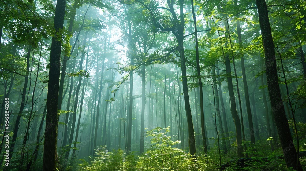 Fototapeta premium Sunlight shines through the trees of a misty forest.