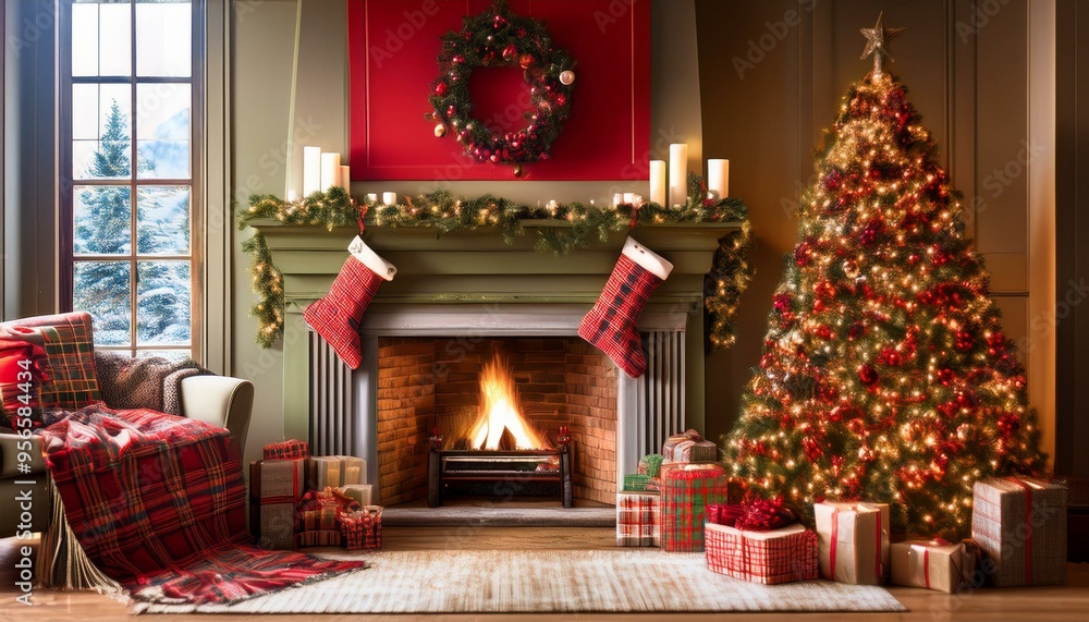 Fototapeta premium Cozy Christmas in Red and Plaid Imagine a warm and cozy Christmas scene filled with the nostalgic charm of red and plaid decorations.
