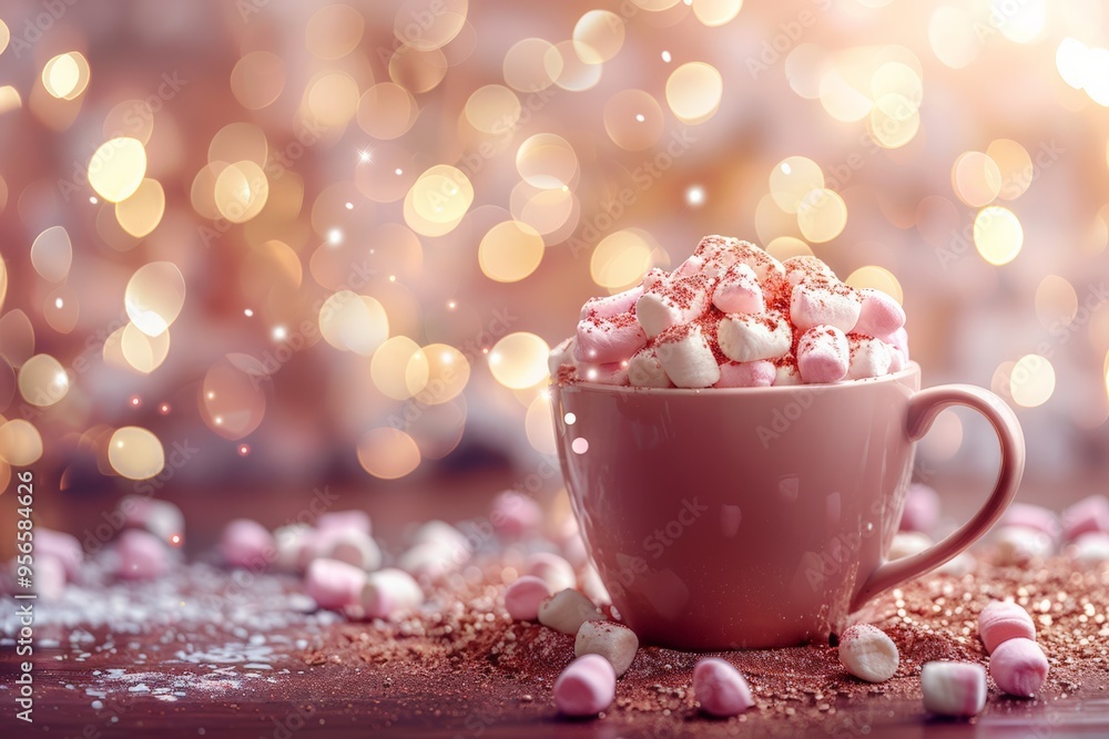 A steaming cup of hot chocolate topped with marshmallows, surrounded by sparkling bokeh lights, creating a cozy and magical winter or Christmas atmosphere. A steaming cup of hot chocolate topped with marshmallows, surrounded by sparkling bokeh lights, creating a cozy and magical winter or Christmas atmosphere.