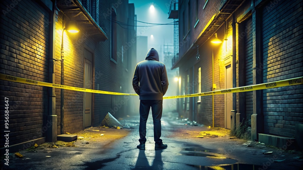 Yellow police tape surrounds a dark alleyway where a lone figure in a hoodie stands, illuminated by flickering streetlights, near a mysterious object on the ground. Yellow police tape surrounds a dark alleyway where a lone figure in a hoodie stands, illuminated by flickering streetlights, near a mysterious object on the ground.
