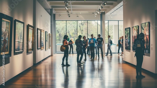 A group of people walk through an art gallery.