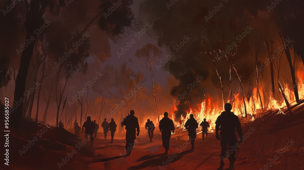 Fototapeta premium Army marching through burning forest at night, war concept art with dramatic lighting