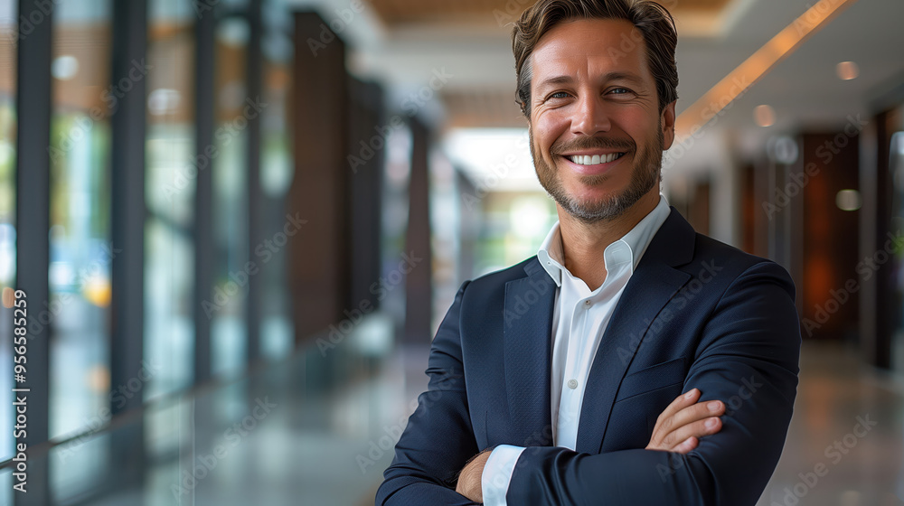 Confident businessman smiling with arms crossed in a contemporary office setting Confident businessman smiling with arms crossed in a contemporary office setting
