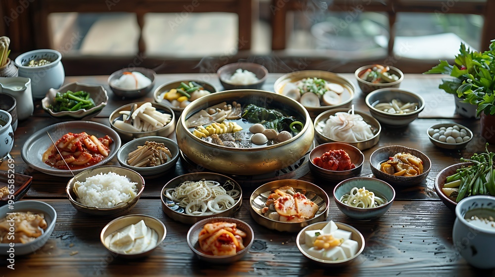 Traditional Korean makgeolli in brass bowl, accompanied by side dishes, set on a low wooden table in a cozy room. Traditional Korean makgeolli in brass bowl, accompanied by side dishes, set on a low wooden table in a cozy room.