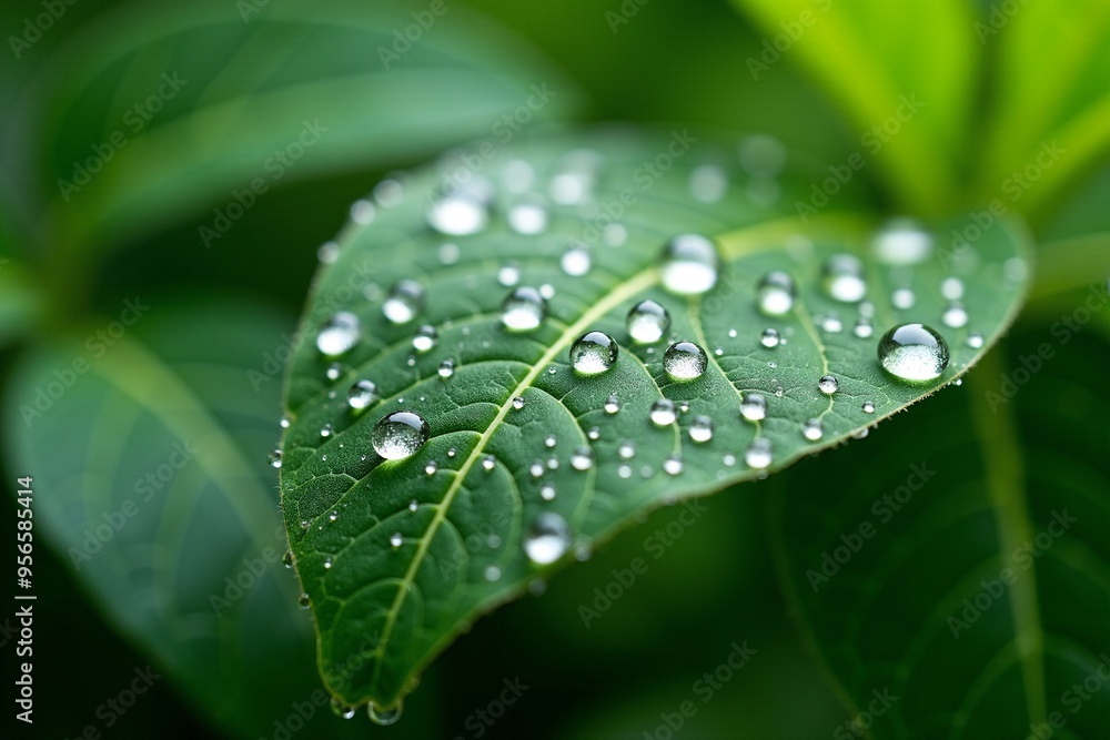 A close-up shot of a leaf with water droplets glistening on its surface A close-up shot of a leaf with water droplets glistening on its surface