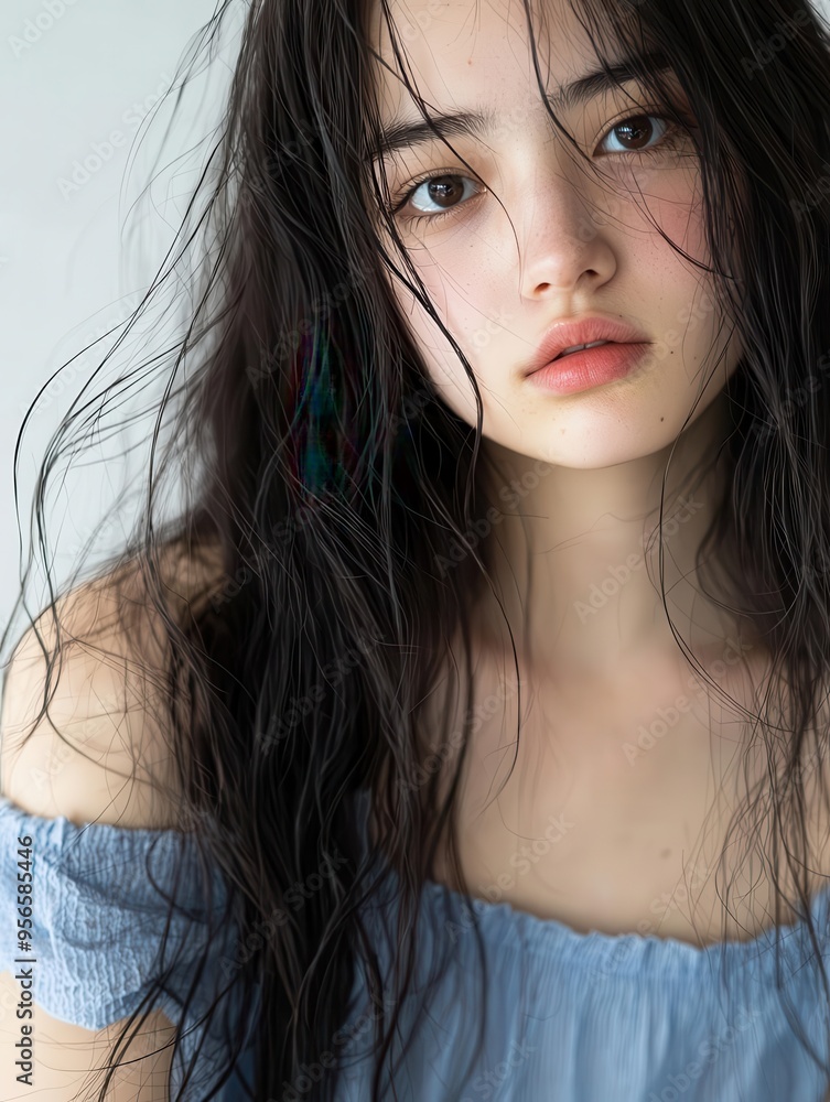 A Japanese woman in a blue top stands against an isolated background, creating a beautiful depth of field effect. A Japanese woman in a blue top stands against an isolated background, creating a beautiful depth of field effect.