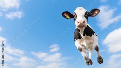 A super cow flying over clouds