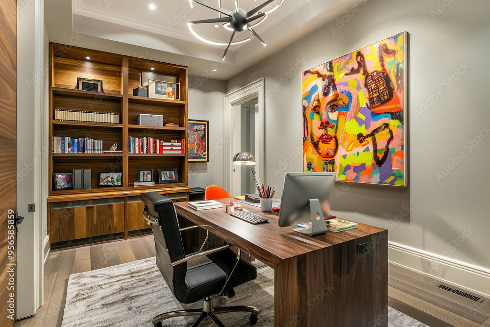 Vibrant home office setting with a desk and chair, enhanced by artwork and lighting fixtures. Generative AI Vibrant home office setting with a desk and chair, enhanced by artwork and lighting fixtures. Generative AI