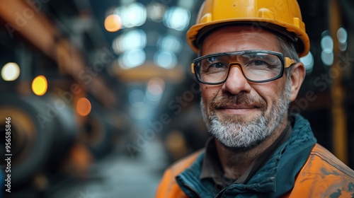 Proud industrial worker wearing safety gear in factory, beaming surrounded by machinery, demonstrating dedication and skill in metal industry