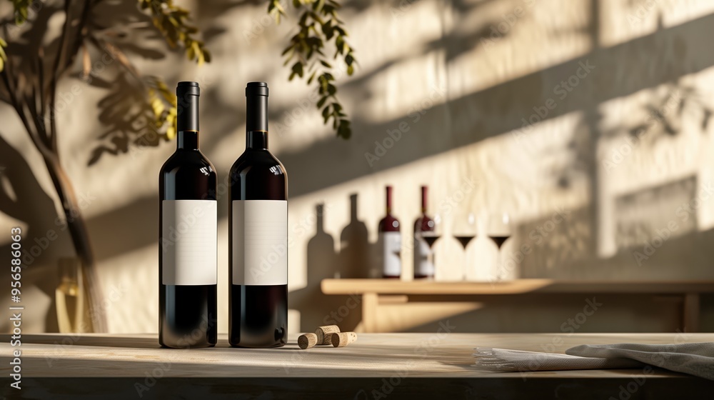 Two unlabeled bottles of red wine displayed on a table in a tasting room, with additional bottles and glasses in the background Two unlabeled bottles of red wine displayed on a table in a tasting room, with additional bottles and glasses in the background