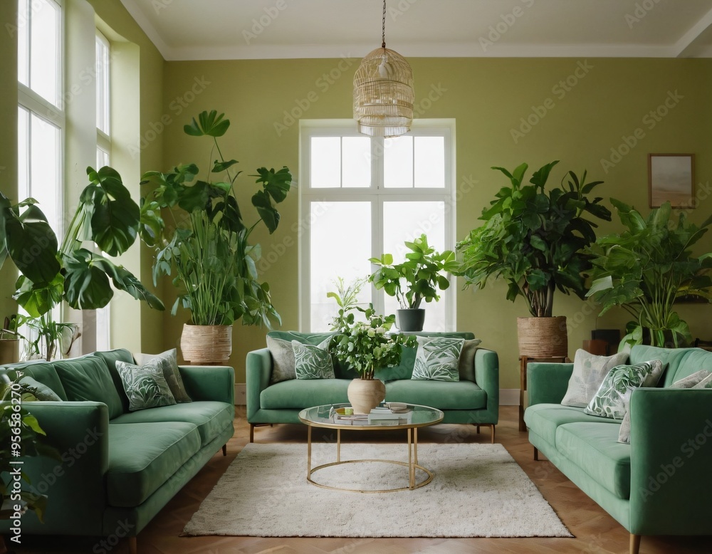 Interior of living room with green houseplants and sofas. Ai generated images Interior of living room with green houseplants and sofas. Ai generated images
