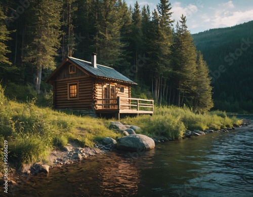 Forester Cabin by the river in the forest (illustration of a fictional situation, in the form collage of photos). Ai generated images photo