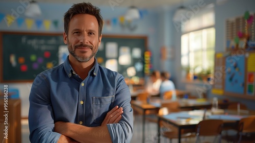 Smiling teacher poses with arms crossed in classroom as students work in the background