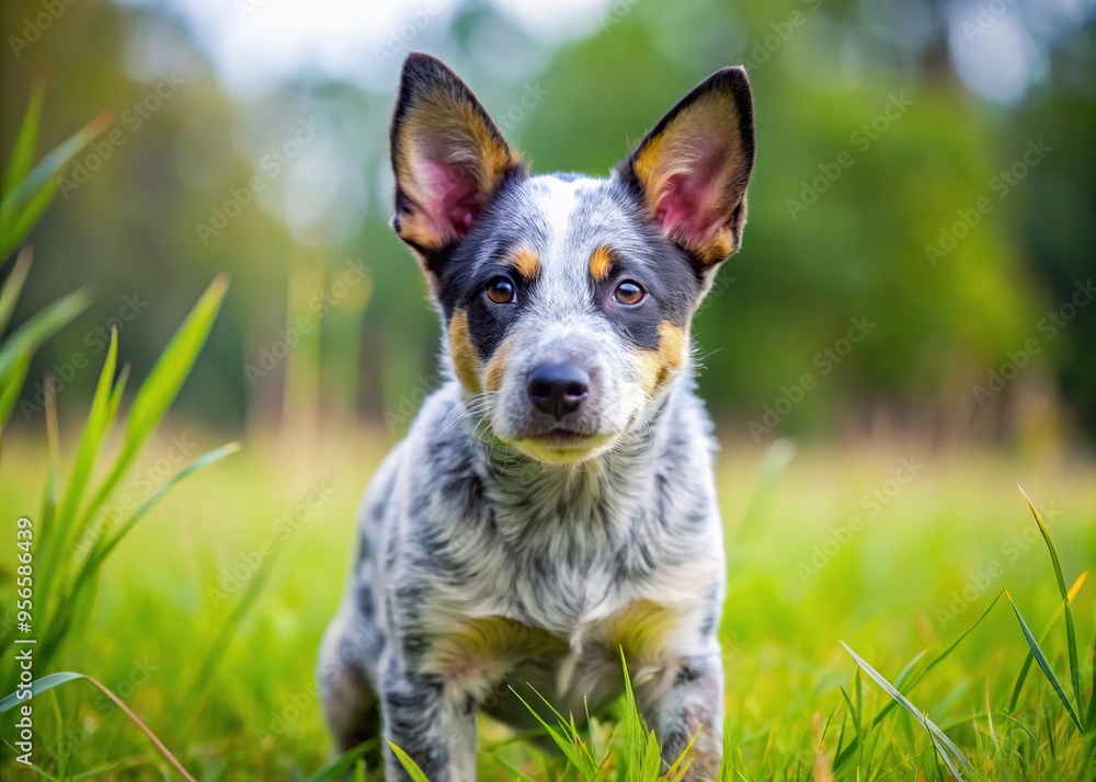 Adorable cattle dog puppy stands amidst tall grass, perky ears bouncing with every step, playful eyes sparkling with mischief, speckled coat rustling in the breeze.