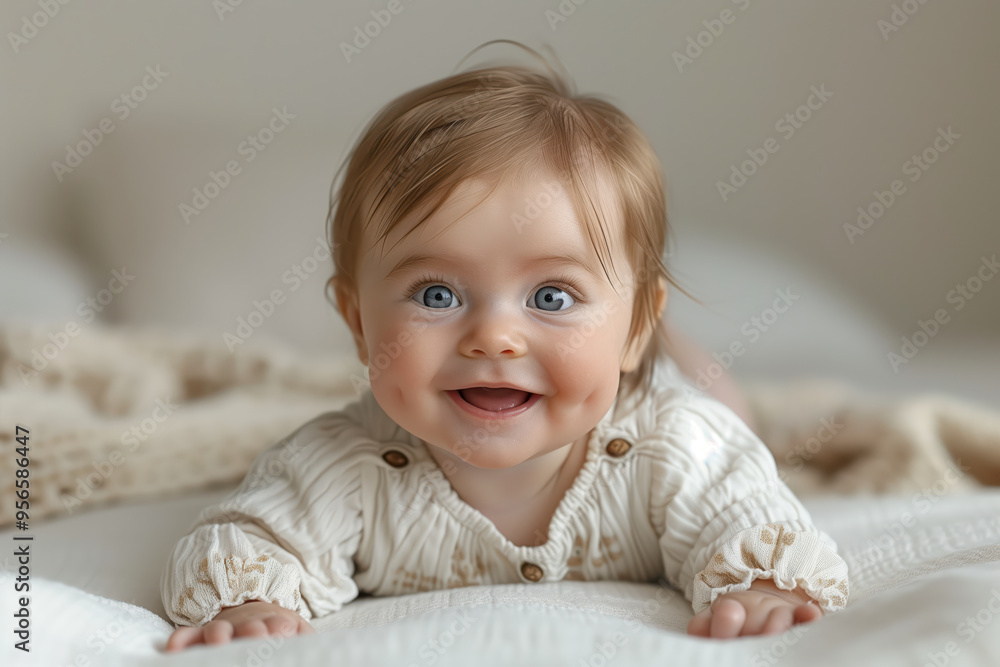 Cheerful baby with big blue eyes and cute dimples is lying on her tummy on a soft blanket, smiling happily Cheerful baby with big blue eyes and cute dimples is lying on her tummy on a soft blanket, smiling happily