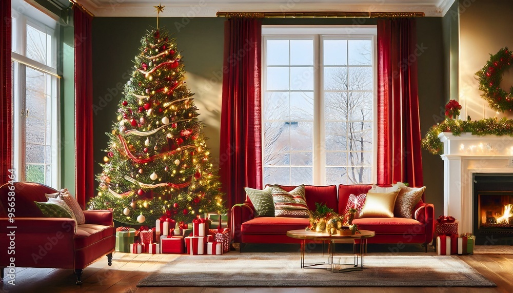 Obraz premium Classic Red and Green Christmas Magic Imagine a cozy living room adorned with classic red and green decorations.
