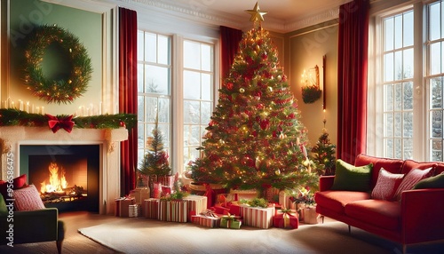 Classic Red and Green Christmas Magic Imagine a cozy living room adorned with classic red and green decorations.