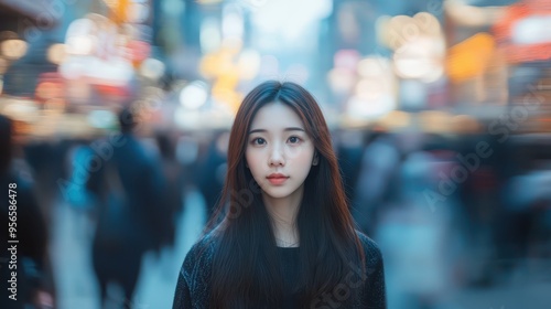 Asian woman standing on a crowded street, blurred people passing by, highlighting her feeling of loneliness in a crowd