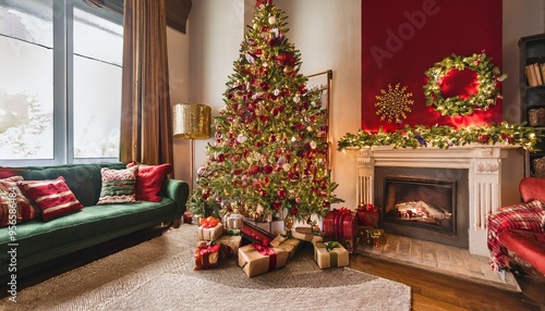 Classic Red and Green Christmas Magic
Imagine a cozy living room adorned with classic red and green decorations.