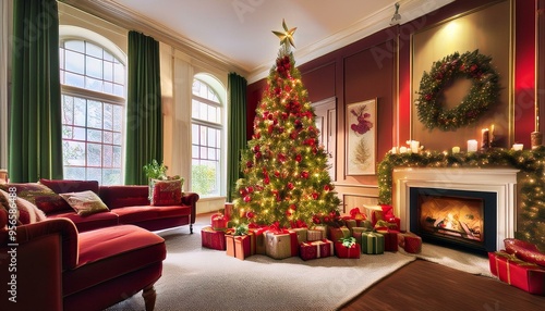 Classic Red and Green Christmas Magic
Imagine a cozy living room adorned with classic red and green decorations.