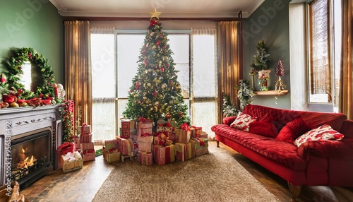 Classic Red and Green Christmas Magic
Imagine a cozy living room adorned with classic red and green decorations.