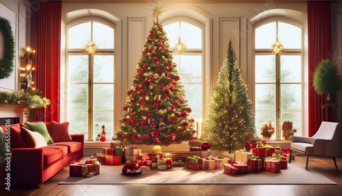 Classic Red and Green Christmas Magic
Imagine a cozy living room adorned with classic red and green decorations.